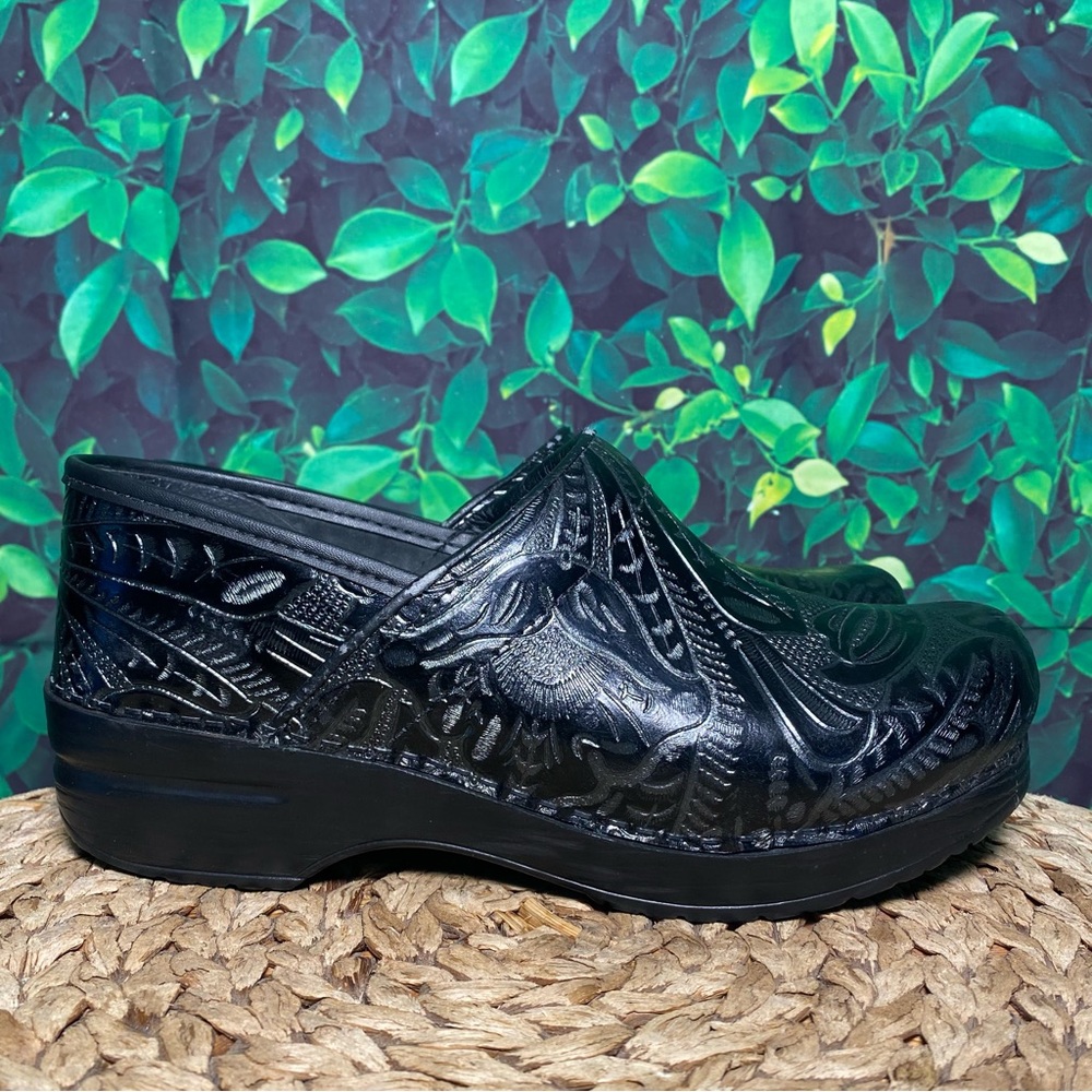 Dansko paisley black clogs